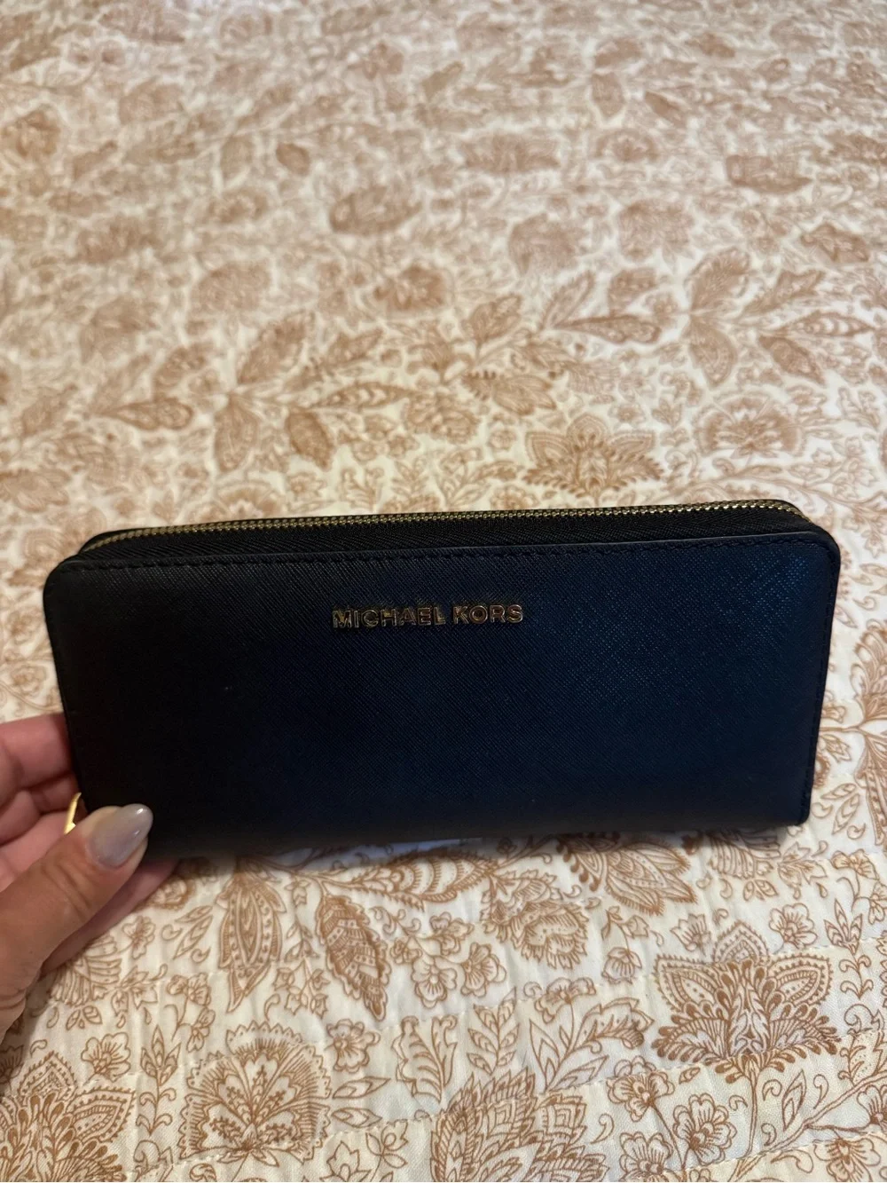 Michael Kors Black Saffiano Zip Wallet with Gold Hardware